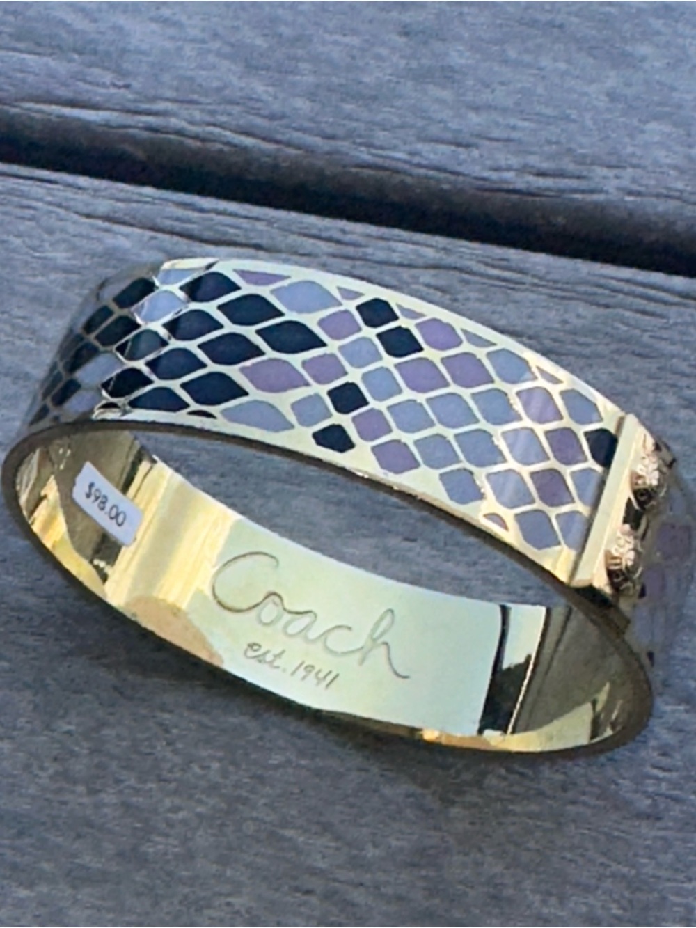 Coach Gold Tone Wide Enamel Bangle Bracelet Geometric Pattern / 2.65” diameter